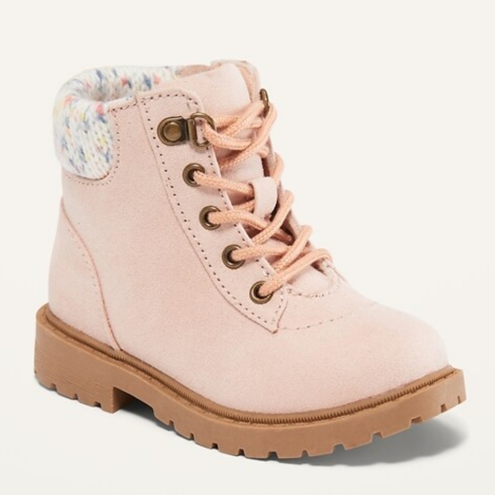 Old Navy Faux Suede Sweater Cuff Lace Up Boots Pink Toddler Size 7